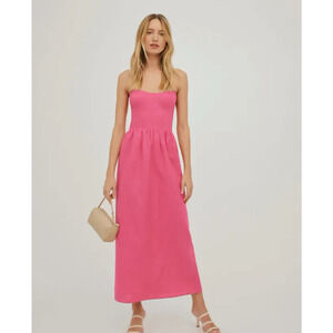 Reformation Pink Midi Strapless Linen Dress